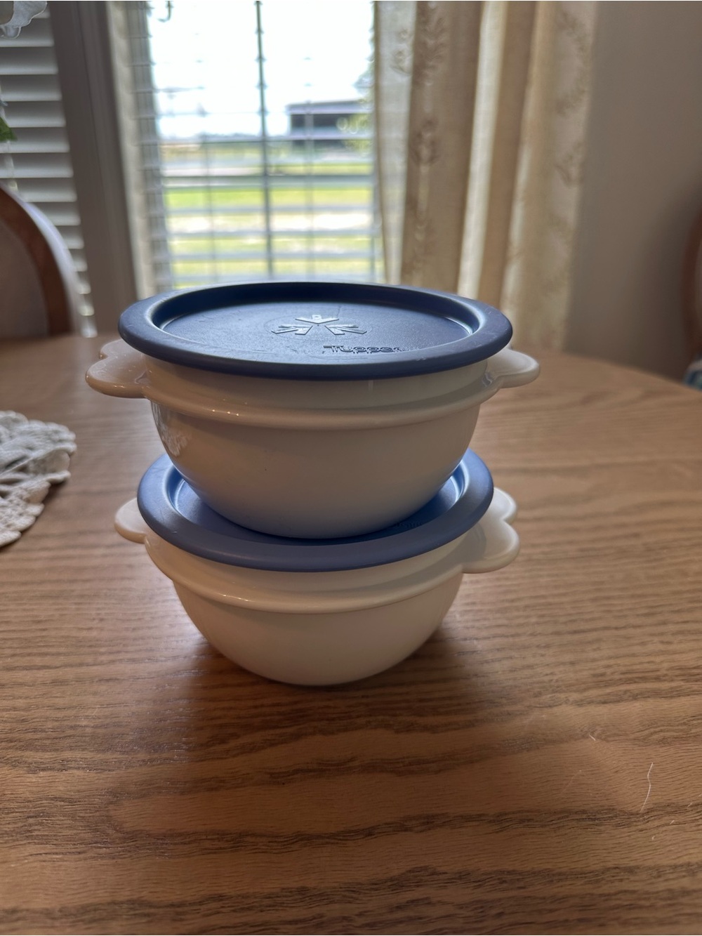 Tupperware White Prep Bowls with Blue Lids - Set of Two